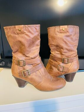 BareTraps Cognac Mid-Calf Buckle Heeled Boots